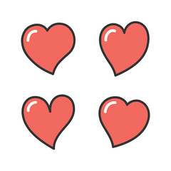 Red hand drawn love heart doodle icon set isolated.