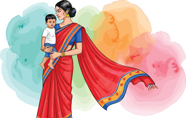 Indian mother wearing red saree holding baby son with colorful watercolor background vector illustration for happy mother's day concept art.