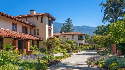 Spanish-Style Houses nestled in a lush garden with mountain backdrop