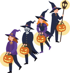 Halloween Characters In Costume With Pumpkins And Lanterns