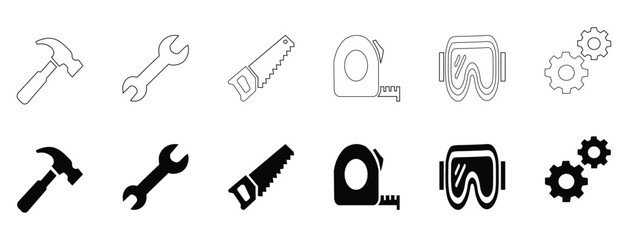 Fototapeta premium Workshop Tools and Hardware Line and Glyph Icons Construction, DIY and Repair Vector Set