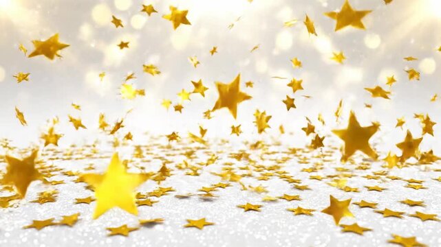 Golden star confetti falling on white background festive celebration