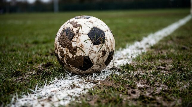 Muddy old soccer ball on white line showing authentic grassroots football grit.