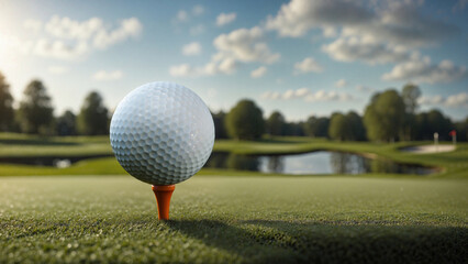 Close up view of a golf ball with a unique texture resting on a tee on a sunny golf course