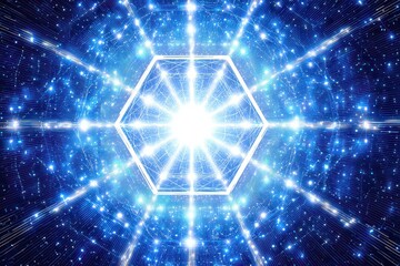 Abstract Blue Light Tunnel with Hexagonal Frame and Bokeh Effect Background