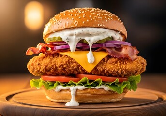 Crispy Fried Chicken Burger with Bacon Cheese and Ranch Sauce on Wooden Board