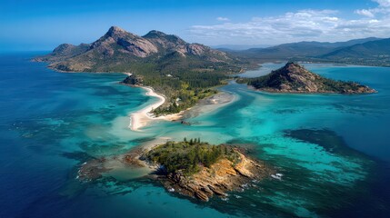 Fototapeta premium Aerial View of Capo Coda Cavallo Peninsula Featuring White Sandy Beaches Turquoise Waters and Rugged Granite Rock Formations Under Clear Blue Skies in Sardinia Italy