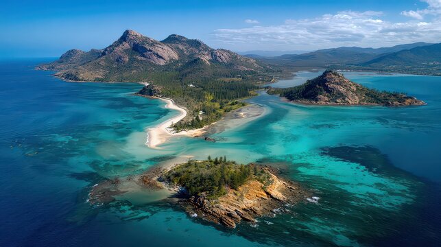 Aerial View of Capo Coda Cavallo Peninsula Featuring White Sandy Beaches Turquoise Waters and Rugged Granite Rock Formations Under Clear Blue Skies in Sardinia Italy
