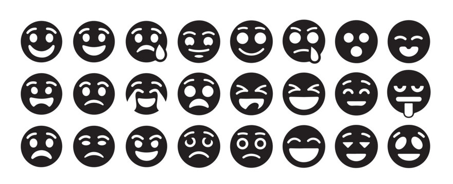 Set of 24 black silhouette emoticons showing various feelings and emotions on white background