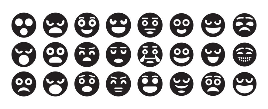 Set of black and white emoji faces displaying various negative and surprised emotions vector