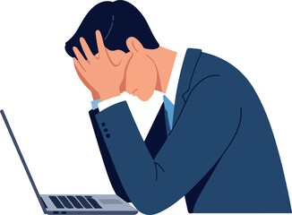 Man In Suit Frustrated Holding Head In Front Of Laptop Isolated