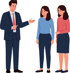 Man In Suit Explains To Two Women In Casual Outfits