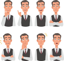 Man In Vest And Shirt Expressing Emotions Flat Design Minimal Illustration