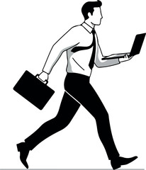 Man In Suit With Laptop And Briefcase Running On White