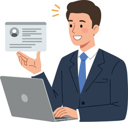 Man In Suit With Laptop And ID Card Minimal Illustration