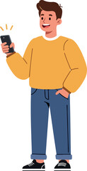 Man In Yellow Sweater And Blue Jeans Holding Phone Minimal Illustration