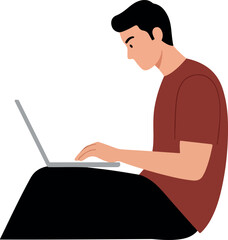 Man Sitting Laptop Computer Casual Red T-Shirt Black Pants Working Online