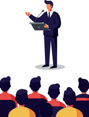 Man Speaker in Suit at Podium with Laptop Addressing Audience Flat Design