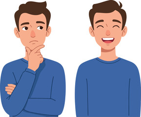 Man Thinking and Happy Blue Sweater Isolated Vector Illustration