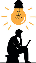 Man Thinking Laptop Under Bright Idea Light Bulb Flat Design Silhouette