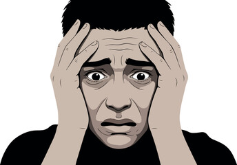 Man With Stress And Fear Holding His Head In Black And White
