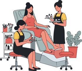Manicure Pedicure Service Women Relaxing In Salon With Bottles And Plants