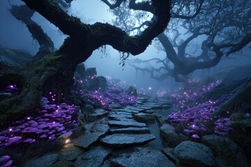 Mystical Glowing Forest Pathway At Night