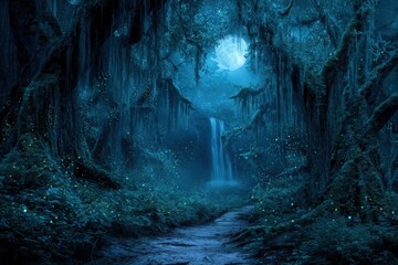 Mysterious Blue Forest Path Under Moonlight