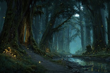 Mystical Glowing Forest At Night