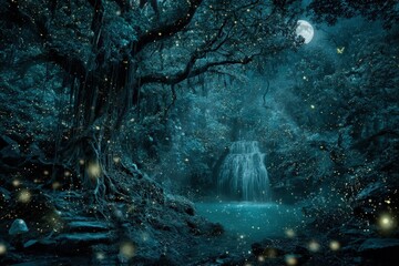 Mystical Moonlight Forest Waterfall Scene