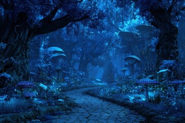 Glowing Path Through Magical Blue Forest at Night