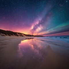 Colorful Night Beach With Milky Way Reflection