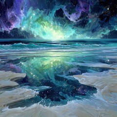 Pixilated Beach Scene At Night Under A Starry Sky