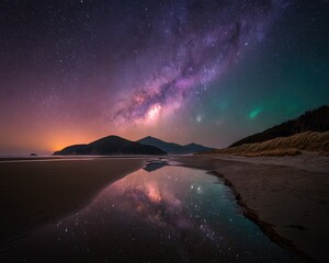 Milky Way Reflection On Coastal Beach At Night