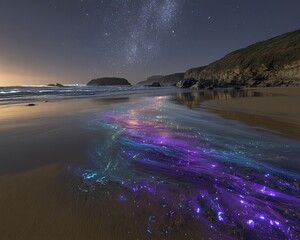 Glowing Waterscape At Night On Beach With Stars