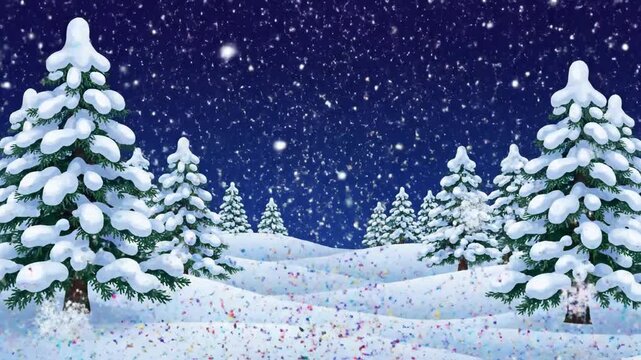 Winter forest scene with falling snow and evergreen trees