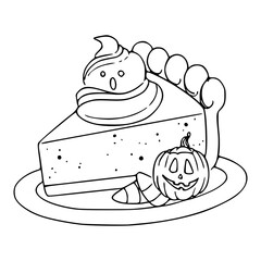 Halloween pumpkin pie slice with ghost whipped cream and jack-o-lantern line art