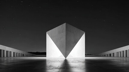 Monochromatic Concrete Cube Structure At Night