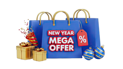 New Year Mega Offer with Shopping Bags, Gifts, and Decorations