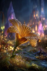 Glowing Golden Lily In Fantasy Landscape