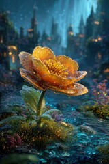 Glowing Orange Flower In Fantasy Cityscape