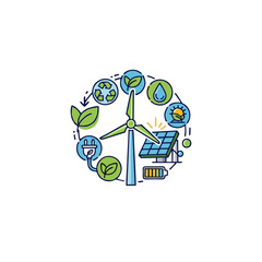 Vector Illustration of Renewable Energy and Sustainability Symbols Featuring Wind Power, Solar Panels, Green Energy, and Nature Conservation