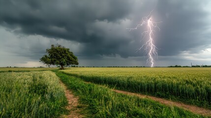 Dramatic Lightning Strike over Green Field with Stormy Sky and Isolated Tree Along Dirt Path in Rural Landscape