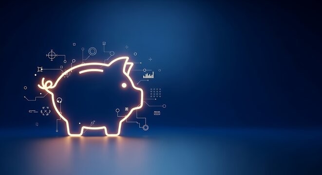 Futuristic glowing neon piggy bank with digital financial data overlays, symbolizing modern savings, investment, and financial technology. - Powered by Adobe