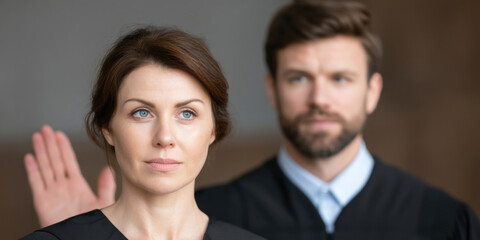 Fototapeta premium Serious thoughtful professional lawyer attorney woman adult middle aged caucasian counselor adviser portrait success expert business people corporate office male senior american black blue grey