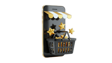 Online Shopping Concept: Smartphone with Shopping Basket and Stars
