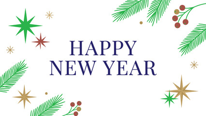 Happy New Year greeting card design with festive stars, pine branches, berries, minimal holiday decoration, elegant typography on white background © DolanAktar