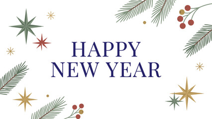 Happy New Year greeting card with elegant blue typography, festive stars, pine branches, berries, minimal winter holiday background design