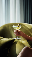 elegant martini cocktail at home, relaxed evening drink lifestyle, modern lounge cocktail moment
