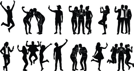People silhouettes set showing friends celebrating, taking selfies, dancing, posing, and social interaction moments for modern lifestyle and party concepts